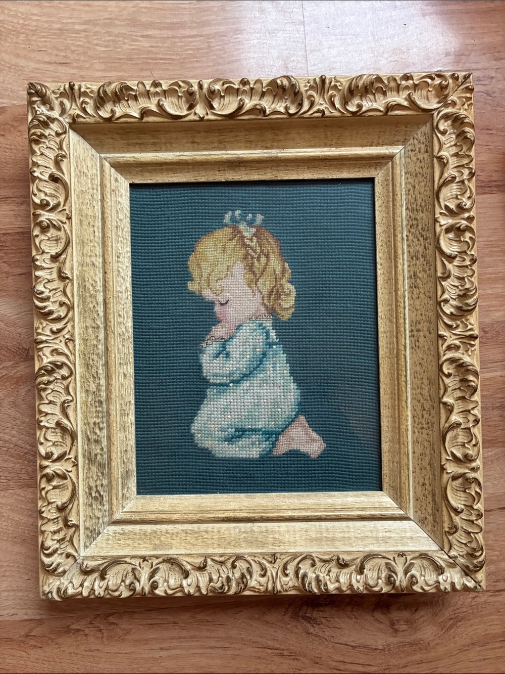 Framed Needlepoint Praying Child Wall Art in ornate frame